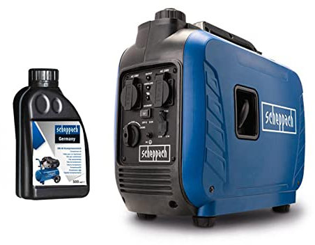 Scheppach Inverter Benzin Stromerzeuger SG2500i Stromgenerator Notstromaggregat | mit Invertertechnik für sensibler Elektronik | 2000W Leistung | Steckdosen 2x 230V / 2x USB Typ A | 64,1dB | inkl. Öl