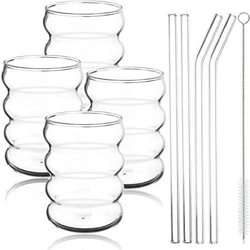 SevenMye 4 Pack Creative Beer Glasses Cups Ripple Shaped Vintage Clear Drinking Glasses with Straws Set Cute Drinking Glasses Coffee Glasses Ribbed Glassware Aesthetic Cups for Kitchen Juice Beverage
