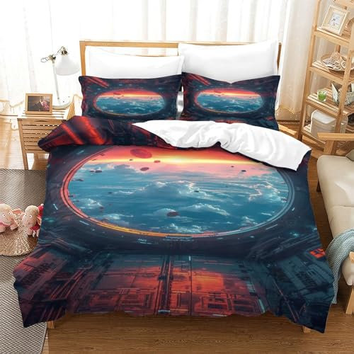 VesFy Weltraum Mikrofaser Kinderbettwäsche 3D Druck Bettdecke Decken Für Jungen Raumschiff Bettbezug 3 Teilig Und Kissenbezug Kinder Für Jugendliche Kinder Schlafzimmer Single（140x200cm）