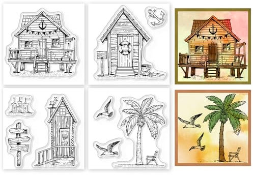 GLOBLELAND 4 pièces Mini Tampons Transparents en Forme de Cabane de Plage Cabane en Rondins Tampons Transparents en Silicone de 5.5x5.5 cm Tampons Transparents pour Bricolage Scrapbooking Cartes