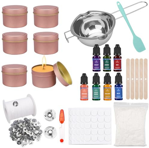 Bolosa® Kerzen Selber Machen Set, Candle Making Kit, Kerzenherstellung Kit mit 7 Kerzenwachs Farbe, 61m Kerzendocht, 500g Wachs, 6 Dosen, Wachsschmelztopf, Dochte Aufkleber und Rührlöffel