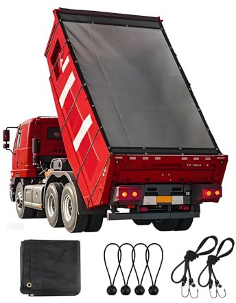 Ezcasch Dump Truck Mesh Tarp 8'x18' - Vinyl Coated Trailer Tarp 18oz With Two Pockets (3'' and 5'' Widths) and Grommets - Double-Stitched Edges for Transport