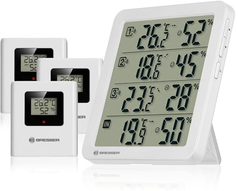 Bresser Quadro NV Thermometer Hygrometer für innen und außen, digital 3x | Temperatur und Luftfeuchtigkeitsmesser, Schimmelalarm, Lüftungsempfehlung, 4 Messorte, Smiley, Min Max Speicher