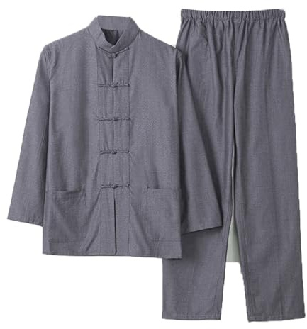 ZKQP Pure Cotton Tai Chi Uniform Kung Fu Uniform Suit Chinese Traditional Clothing Tang Suit Men grey1-3XL