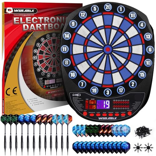 Elektronische Dartscheibe Profi Set 34 Games mit 354 Varianten3 Sprachen: Deutsch, Englisch, Französisch für 1 bis 8 Spieler mit 12 Darts