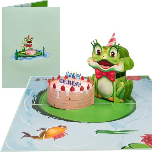 Sweetpopup® 3D Pop-Up Karte Frosch und Torte – Lustige Glückwunschkarte für Geburtstag, Frauen und Männer – Perfekt als Happy Birthday Gutschein und Wunschkarte /103