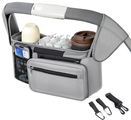 AiQInu Kinderwagen Organizer Universal mit 2 Isolierten Getränkehalter/Becherhalte, Buggy Organizer,Kinderwagentaschen mit Reißverschlusstasche, Schultergurt und Rutschfeste Sichere Haken Grau