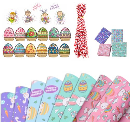 Hojas de Papel de Regalo de Pascua, Decoraciones de Pascua encantadoras: Pack de 8 hojas de papel de envoltura y accesorios - Los regalos de Pascua con diseño único y colorido