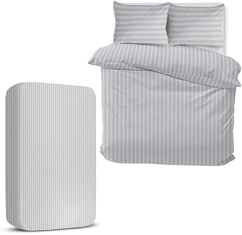 MOONLIGHT20015 Double Duvet Set 4 Piece Satin Stripe Duvet Cover Sets Soft Brushed Microfiber Bedding Sets with Fitted Sheet & 2 Pillow Cases (Silver, 200x200 cm)