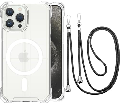 CAROKI Crossbody Lanyard Case for iPhone 13 Pro,Ultra Clear Hard Back Magnetic Case Compatible with MagSafe Bumper with Strap Adjustable Neck Cord Cover for iPhone 13 Pro-Clear