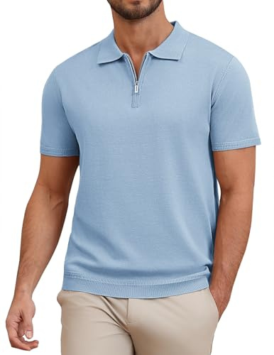 COOFANDY Men's Polo Shirts Short Sleeve Knitted Zip Neck Polo T-Shirt Cooling Summer Golf Shirt Polos Clear Blue M