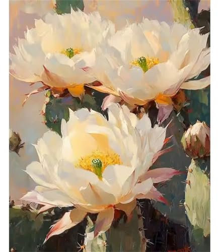 Hoonjiin Malen Nach Zahlen Erwachsene,Weiße Blume Anfänger Acrylfarben Paint by Numbers,Kaktus Handgemalt Ölgemälde Leinwand Kits Als Geschenk für Wanddeko 45x60cm(Mit Rahmen)