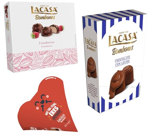Pack Lacasa bombones chocolate con leche 72 G & bombones corazón mr wonderfull 60G & bombones frambuesa 200 g