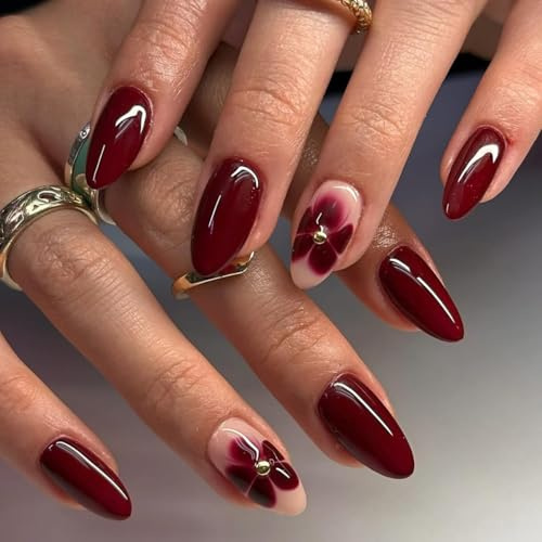 Almond False Nails Medium Burgundy - Wine Red Oval Press On Nails With Flower Rhinestone - Glossy Removable Fake Nails Tips - Full Cover Acrylic Stick On Nail For Women Nail Art Accessories