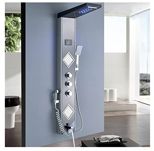 Panneau de douche, Pluie Cascade LED Panneau De Douche Noir Colonne De Douche Tour Écran Numérique TEMP 3 Poignée Mitigeur Pulvérisation Bidet Douche Mitigeur Robinet(Black Grey Color)