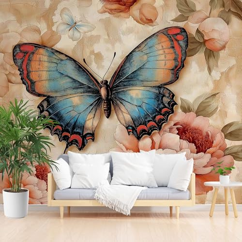 Pfingstrose Blumen Fototapete 400 x 280 cm Kinderzimmer Schmetterling Insekt 3D Tapete für Wohnzimmer, Lounge, Flur Braun Wohnzimmer Mural Schlafzimmer TV Hintergrund Wand Dekora