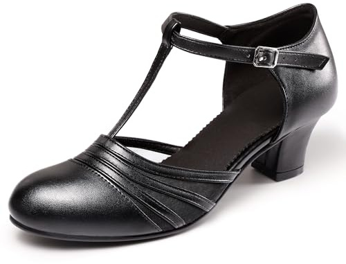 ARCLIBER Women's Ballroom Character Shoes Leather Pumps Ankle Strap 1.55 Modern Dance Heels for Latin Size 8 Black