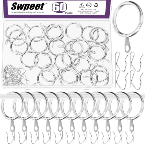 Swpeet 60Pcs 25mm / 1 Diamètre intérieur Sliver Anneau de Rideau en métal avec Pin-on Drapery Crochets Kit d'assortiment, Drape Coulissant oeillet en métal, pour fenêtre Porte Rideau de Douche