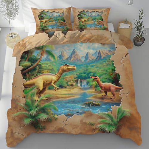 Jijliczc Housse de Couette 90x190cm Dinosaure Dessin Animé Parure de Lit Fissure Murale 3D Rivière Montagne Housse de Couette avec 1 Taies d'oreiller, Housses Couette Convient aux Enfants