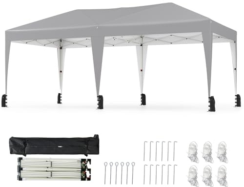 COSTWAY Paviljong 3 x 6 m, popup hopfällbar paviljong vattentät med bärväska på rullar, UV-skydd 50 festtält inkl. 6 sandsäckar, trädgårdspaviljong, justerbar höjd för camping, fest (grå)