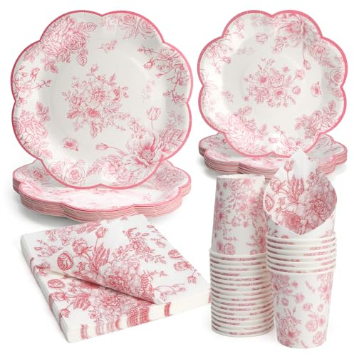 PARTY GO 96pcs Pink Tea Party Tableware Set, Paper Plates Cups and Napkins for Wedding Birthday Afternoon Tea Party Table Decor Serve 24 Guests