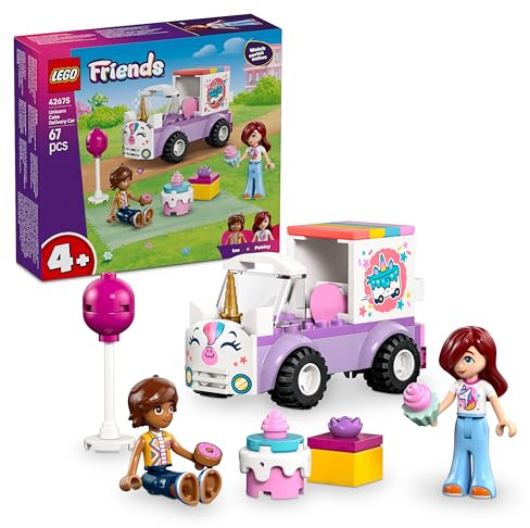 LEGO Friends Enhörningsbil för tårtleveranser Byggset – Byggleksak för unga barn – 2 minidockor – Present, tårta, ballong och munk – Presentidé till flickor, pojkar och förskolebarn från 4 år – 42675
