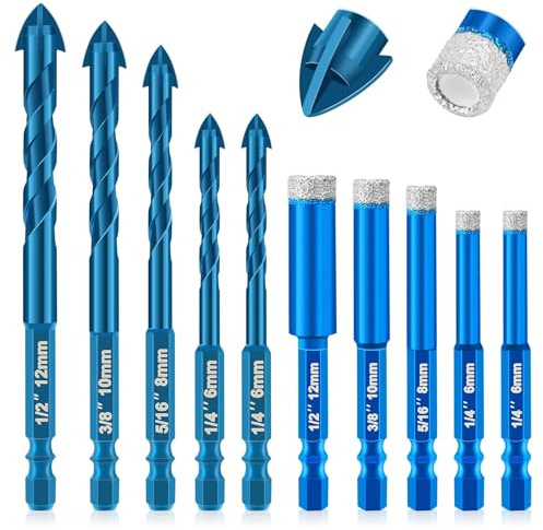 QLOUNI 5 Pcs Diamond Tile Drill Bits and 5 Pcs Carbide Masonry Drill Bits 6/6/8/10/12mm,Hex Shank Diamond Dry Drill Bits Sets for Porcelain Tile Ceramic Stone Granite Marble
