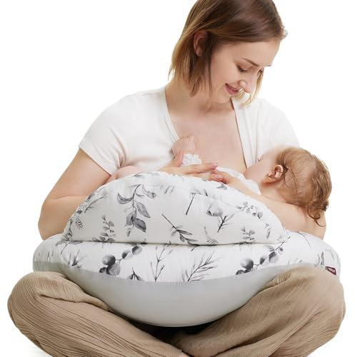 Momcozy amningskudde med säkerhetskant – ergonomisk amnings- och positioneringskudde med justerbar rem och avtagbart bomullsöverdrag, blad i blekt bläck