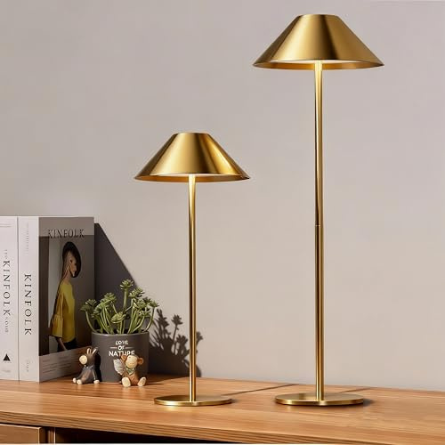 Gold Cordless Table Lamp Set of 2, 320LM with 3 Color Dimming All- metal Rechargeable Lamp Adjustable Height, 5400mAh Bedside Touch Lamp, Waterproof Portable Table Light for Bedroom Restaurant Outdoor
