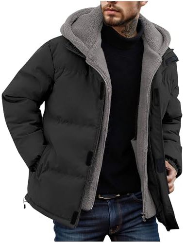 KOG Winterjacke Herren Steppjacke Baumwolle Dufflecoat Winter Daunenmantel Oberteil Jungen übergangsjacke Warm Strickjacken Herbst Kapuzenjacke Wollmantel Zipper Jacke Steppmantel Schwarz S