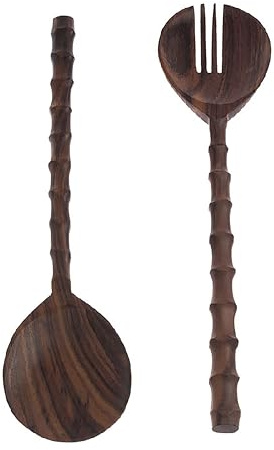 Couverts à Salade en Bois de Rose Sculpté - 31.5cm - Ustensiles de Service Artisanal - Style Ethnique - Finition Naturelle