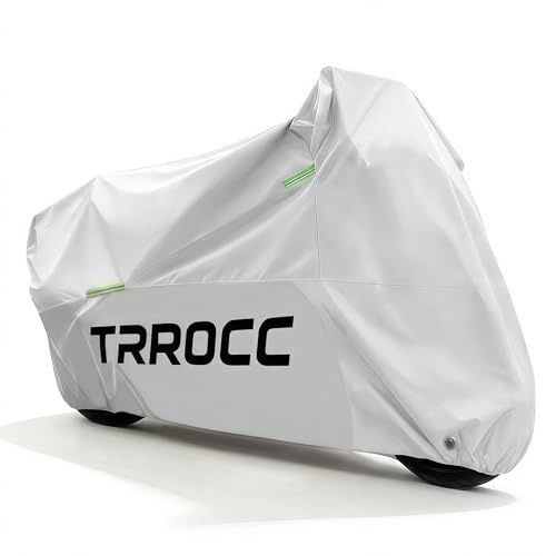 TRROCC 300D Heavy Duty Motorcycle Cover Waterproof Outdoor, Quad Cover for BMW, Harley, Yamaha, Lined with Cotton, Touring, Sportbike, Scooter, Powersports Vehicle Covers, 70.8''-L Silver