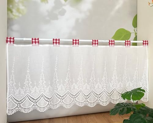 Jeeman Baumwolle Kurzgardine Pflanzenranken durchbrochenes Stickereidesign Scheibengardine Elegantes rot weiß Kariertes Gardine Retro Stil Küchengardine Bistrogardine Weiß HxB 50x150cm 1 Stück
