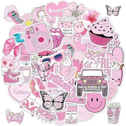 100 Pcs Pink Aesthetic Stickers, Waterproof Vinyl Preppy Decals for Laptop Water Bottles, Cute Scrapbook Sticker Pack for Girls Teens, DIY Crafts