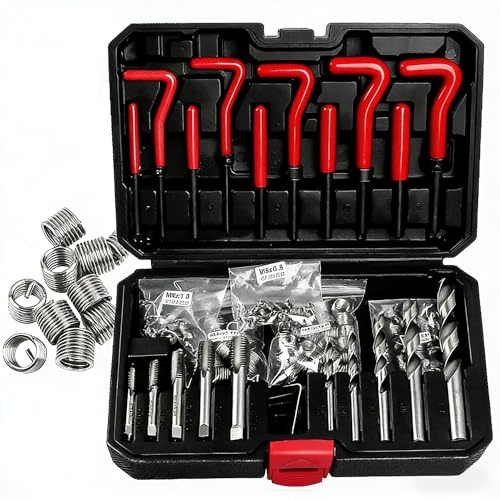 Fuutilake Helicoil Gewindereparatur Set 131-teilig HSS – Komplettset für M5, M6, M8, M10, M12 mit Spiralbohrern, T-Griffen & Metallbox | Für Auto, Motorblock, Getriebe & Maschinenreparatur