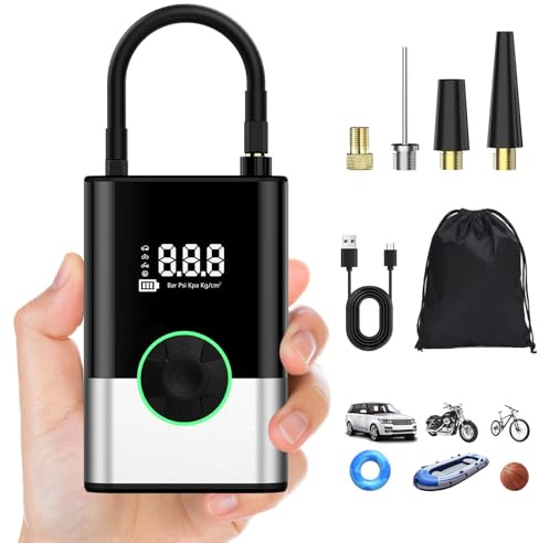 6000Mah Compresor Aire Portatil, 150PSI Inflador Ruedas Coche Mini Bomba de Aire Bicicleta Electrica con Pantalla LCD Digital y Linterna LED，con 4 Boquillas para Coches, Motos