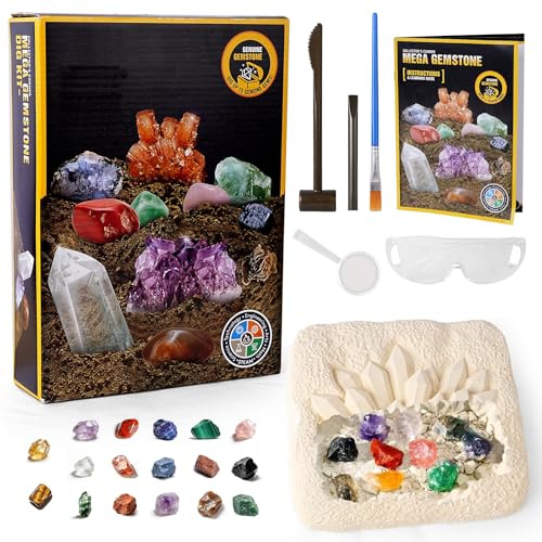beijieaiguo Ausgrabungsset für Kinder, 15+ Edelsteine & Kristalle, Komplettes Entdeckungs-Set mit Detailliertem Guide, Geologie Geschenk für Jungen Mädchen 6-12 Jahre