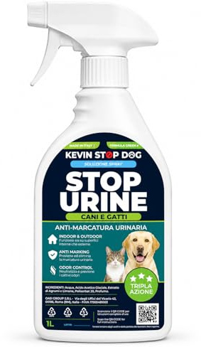 KEVIN STOP DOG Repellente Cani e Gatti 1L - Flacone con Trigger Spray - Dissuasore Spray Anti Marcatura Urina Pipi per Esterni ed Interni - Disabituante Naturale - Elimina Odori - Made in Italy