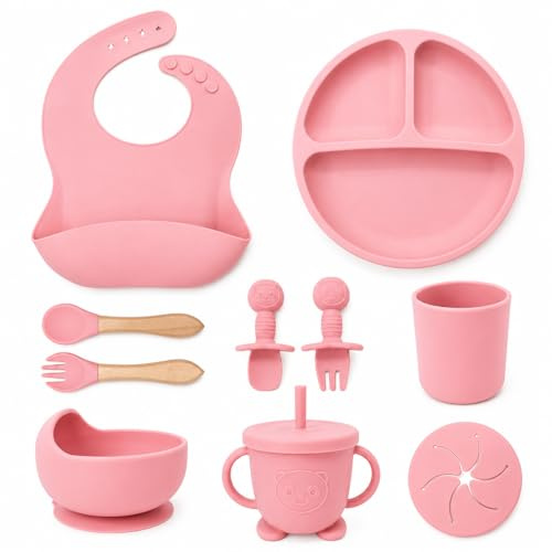 Set Pappa Svezzamento Neonati in Silicone Rosa, Kit Pappa Bambini con Piatto Ventosa, Ciotola, Bavaglino, Bicchiere, Tazza con Cannuccia e Posate, Set Alimentazione Baby Food Grade BPA Free