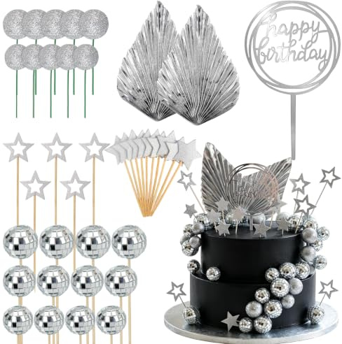 SJUNJIE 40 Pezzi Decorazione per Torte con Palline da discoteca Palla Discoteca per Torte Decorazioni Argento Palla Discoteca Feste a Tema Discoteca per Feste di Compleanno e Matrimoni