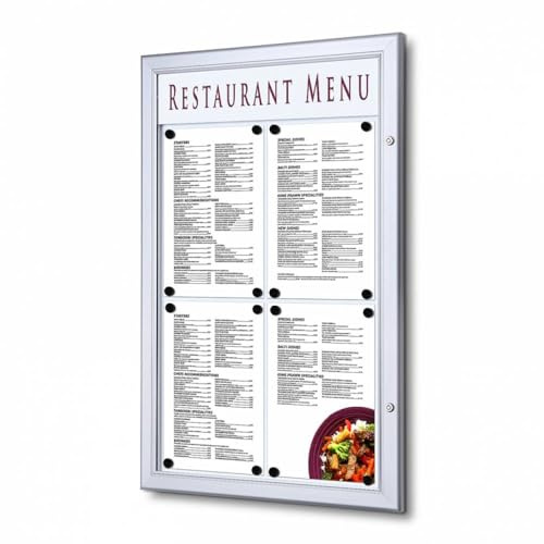 Schaukasten für Speisekarten 4x A4 | wetterfest für außen am Eingang | magnetische Rückwand, abschließbar | für Restaurant, Hotel, Gastronomie, Wandmontage | Logoleiste für individuelle Beschriftung