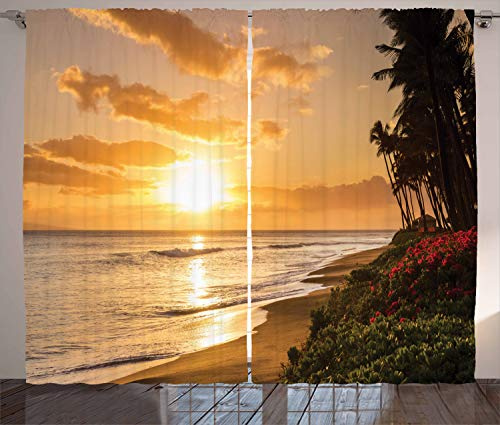 ABAKUHAUS Tropisch Rustikaler Vorhang, Sonnenuntergang am Strand von Sands, Wohnzimmer Universalband Gardinen mit Schlaufen und Haken, 280 x 175 cm, Orange Grün Rosa