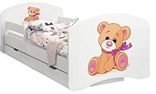 Happy Babies - Dubbelsidig barnsäng med skola: modern design med säkra kanter och fallskydd skummadrass 7 cm. (140 x 70, 01. Nallebjörn med båge)