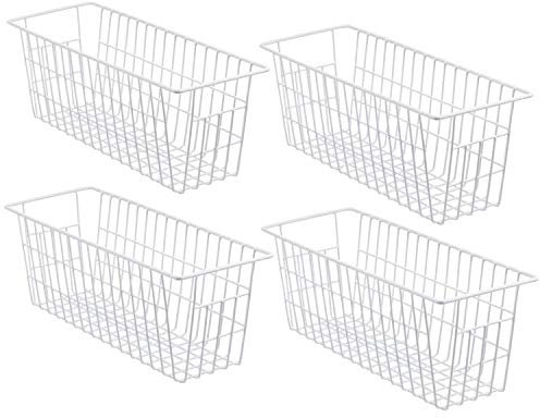 iPEGTOP Metal Wire Food Storage Organizer Bin Basket with Handles. Narrow Kitchen Refrigerator Storage Basket for Kitchen Cabinets, Pantry, Bathroom, Laundry Room, Closets, Garage, 4 Pack, White