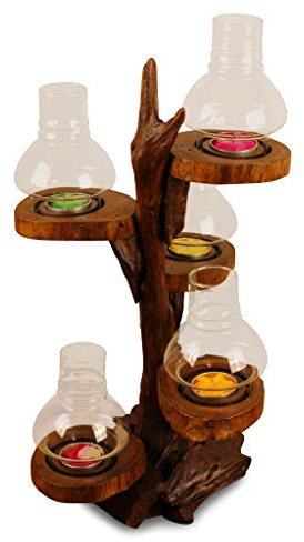 Kerzenständer Baum - Windlicht in Baumoptik - 2 bis 5 Lichter mit Glasaufsatz und Kerze - Teelichthalter rustikal (5 Lichter Braun)