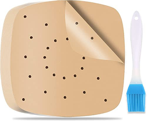 200 Stück Airfryer Backpapier 20cm mit Ölpinsel, Heißluftfritteuse Backpapier, Perforiert Air Fryer Baking Paper, Airfryer Papier für Heißluftfritteuse, Ofen und Mikrowelle