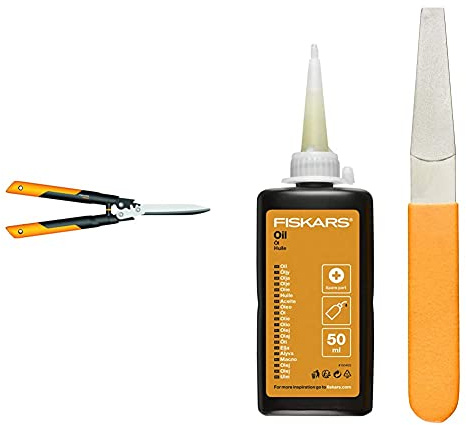 Fiskars PowerGear X Getriebe-Heckenschere, Antihaftbeschichtet, Hochwertige Stahl-Klingen, Länge: 63 cm, Schwarz/Orange & Pflegeset für Gartenschneidgeräte, Mit Diamantfeile, Öl und Pflegeanleitung