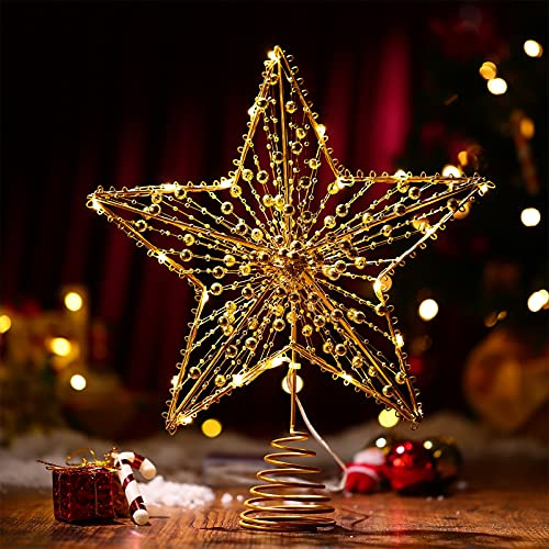 Christmas Tree Topper Star- Star Tree Topper Lighted with LED Wire Christmas Tree Decorations Christmas Tree Ornament Xmas Party Decoration (12 Inch,Golden)