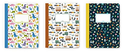 dabelino® 3er Set Notizhefte A5 für Kinder/Jungen: liniert (Dinosaurier, Autos/Fahrzeuge, Weltall/Weltraum) - Hausaufgabenheft, Schreibheft, Geschenk zur Einschulung, Schultüten-Füllung