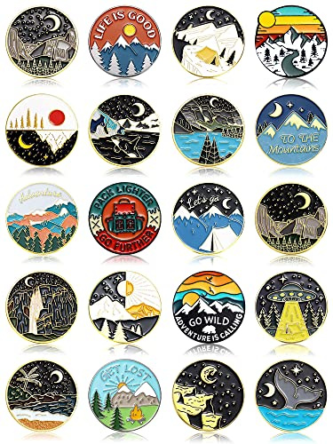 BBTO 20 Pieces Outdoors Enamel Pins Outdoor Enamel Set for Backpacks Aesthetic Set Nature Button Vintage Lapel Camping Pins Cute Brooch Badges(Round Style)